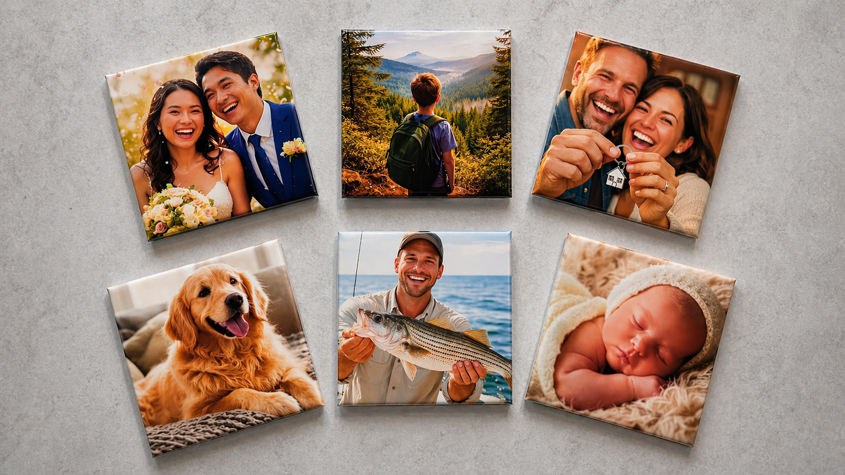 Custom photo magnets in 2.5 inch square size — personalized wedding, travel, real estate, pet, fishing, and baby photo magnets made in the USA