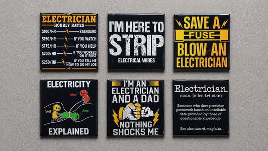 Set of 6 funny electrician fridge magnets — hourly rates chart, "I'm Here to Strip Electrical Wires" pun, "Save a Fuse Blow an Electrician," Ohm's Law joke, "Nothing Shocks Me" electrician dad, and "Electrician noun" definition joke