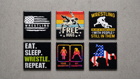 Set of 6 funny wrestling fridge magnets — distressed American flag, "Free Hugs" takedown, "Art of Folding Clothes" quote, "Eat Sleep Wrestle Repeat," girls wrestling pride, and patriotic wrestler silhouette designs